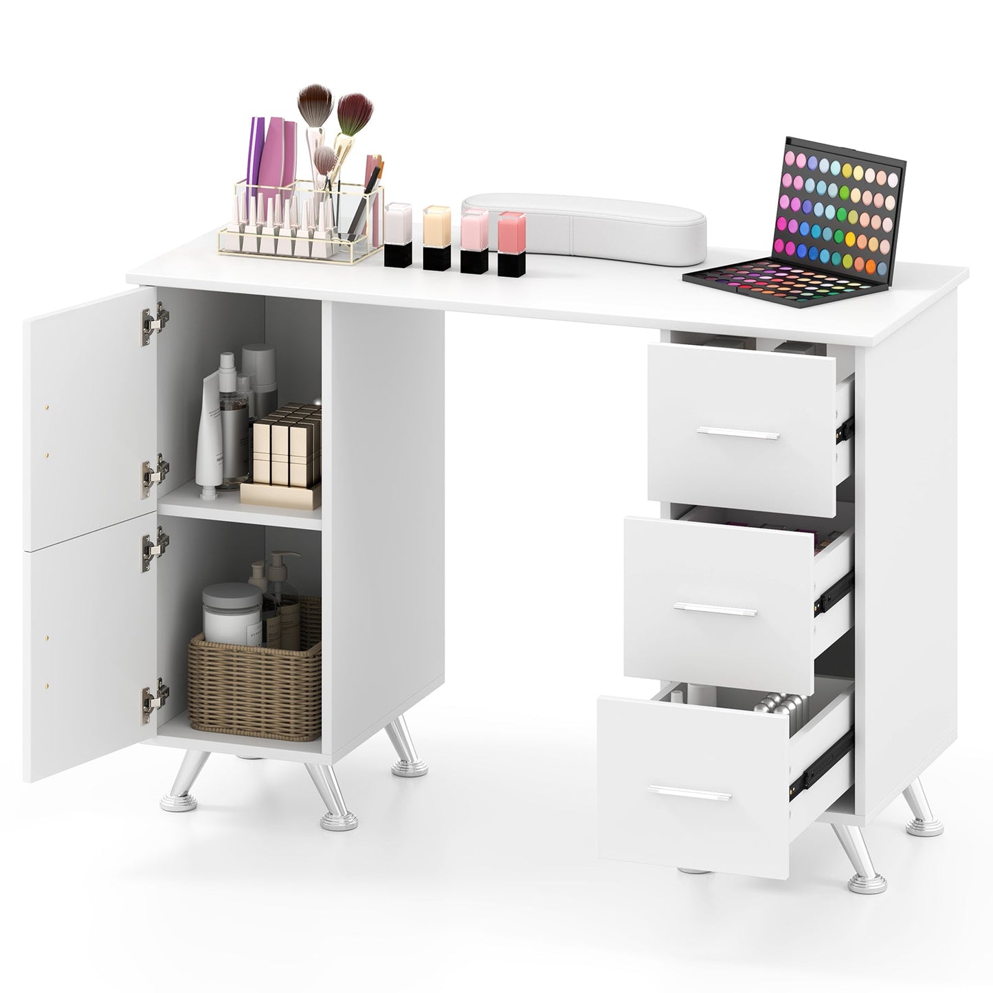 Wooden Manicure Table Nail Desk with Drawers Wrist Rest-White
