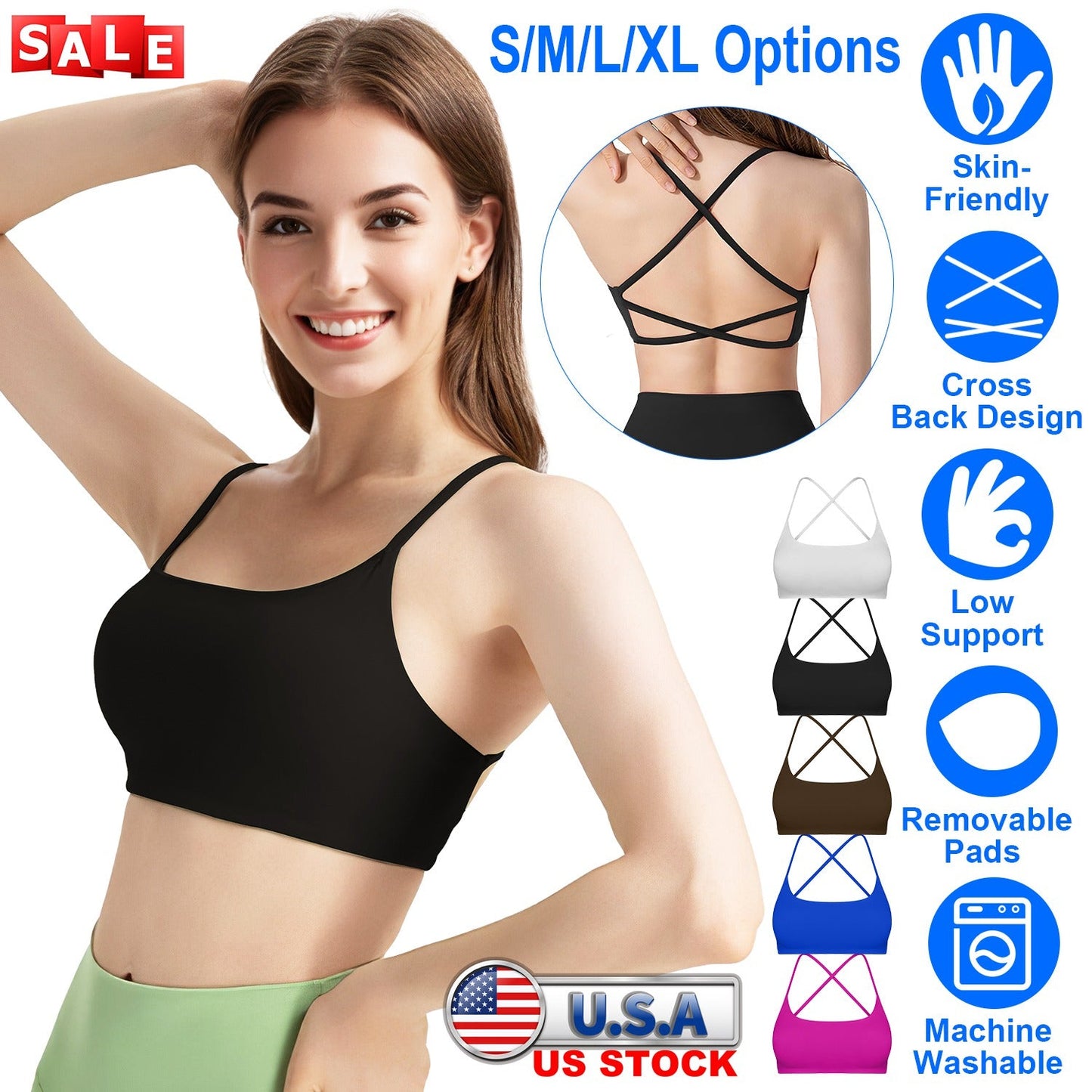 Women Cross Back Sport Bras Padded Strappy Crop Open Back Low Impact Bras Sexy Fitness Tank Tops with Removable Pads Thin Straps for Gym Yoga Workout