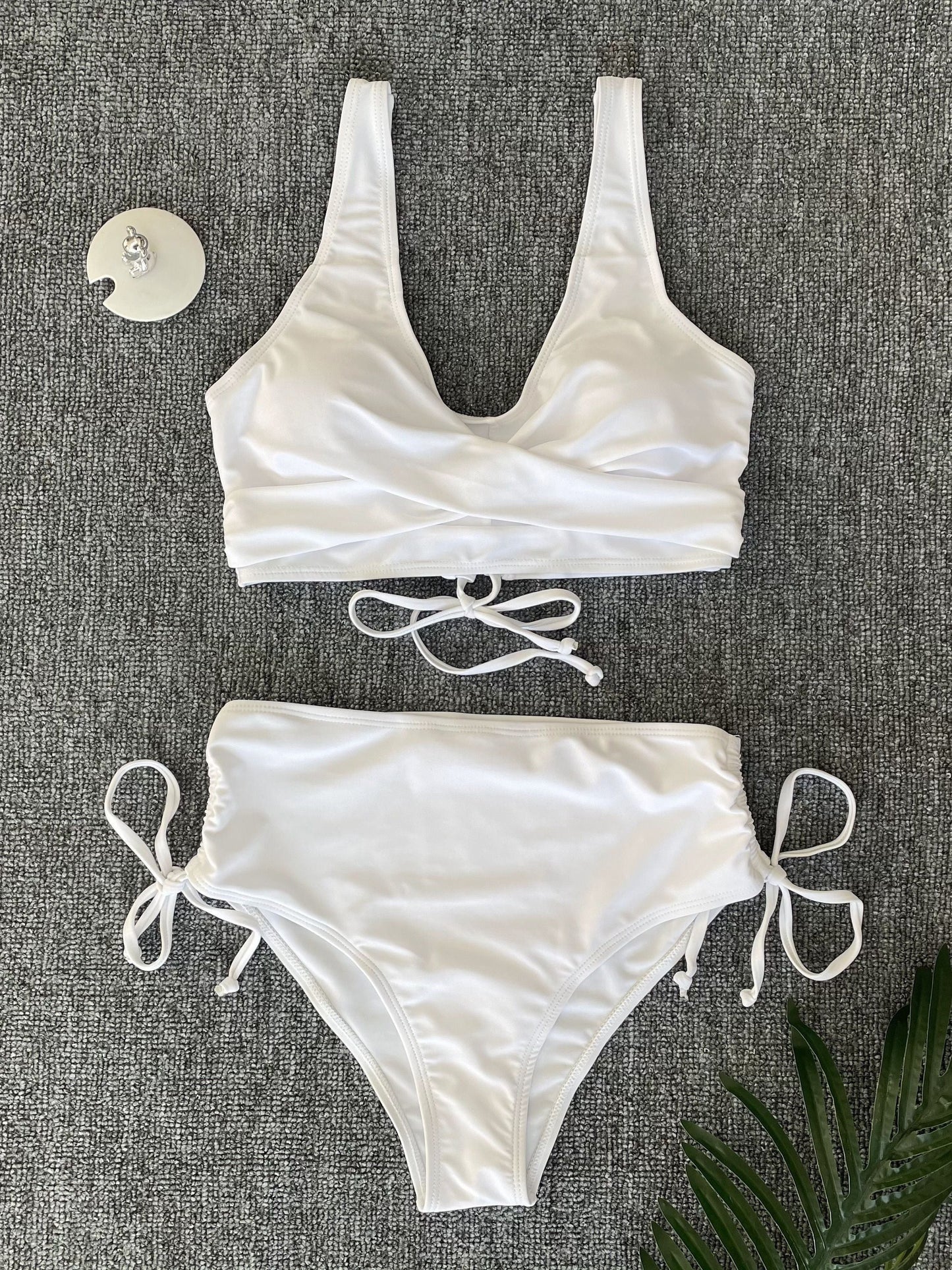 Bikini Twist Front V Neck High Waist 2 Piece Bikini Set for Women – Stretchy Tie Back Swimsuit with Drawstring Lace Up and Comfortable Fit – Trendy Solid Color Swimwear for Beach Days Pool Parties and Summer Vacations