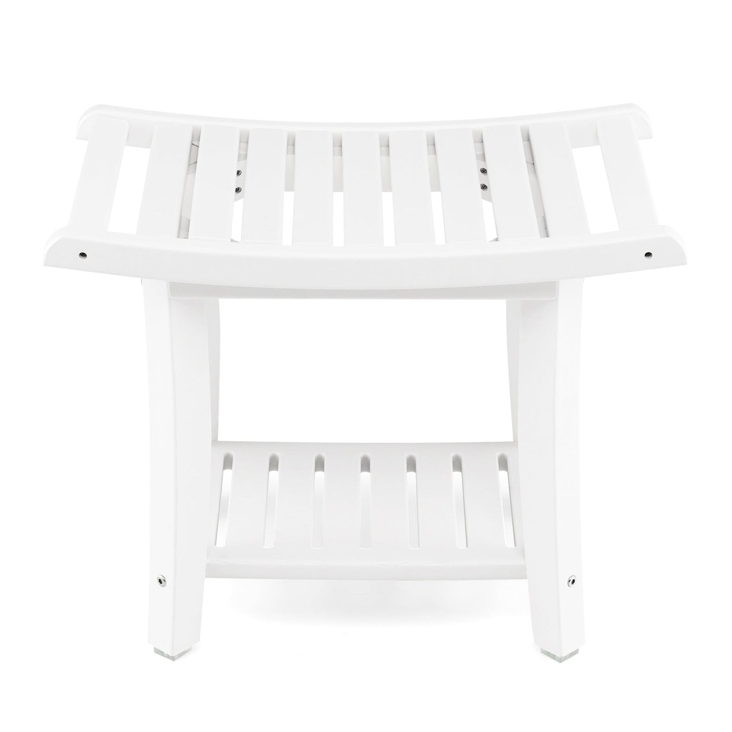 Heavy Duty Waterproof Bath Stool with Curved Seat and Storage Shelf-White