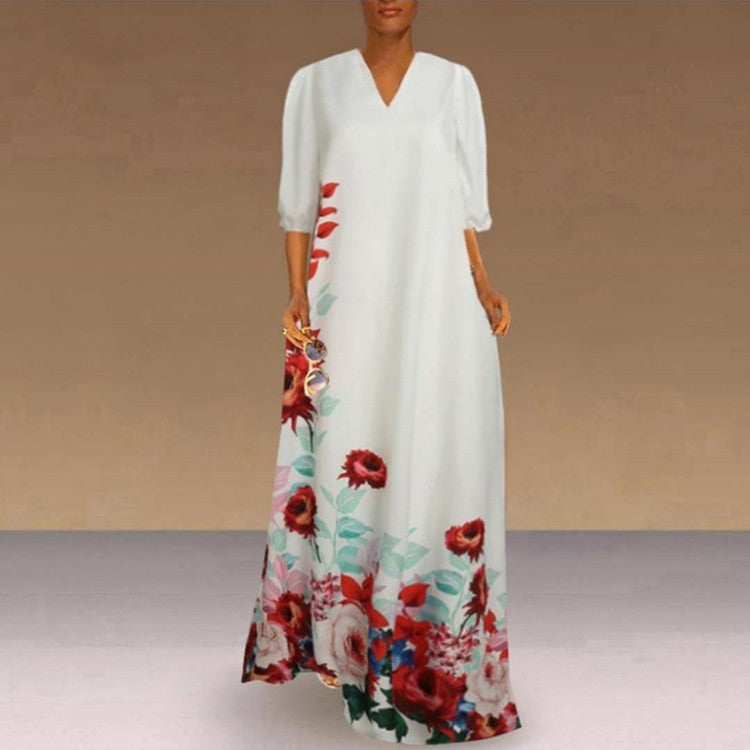 Plus Size Women's Long Skirt V-neck Positioning Flower Puff Sleeve Dress