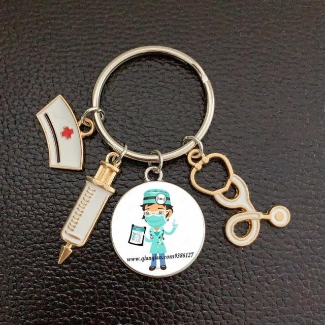 Creative Doctor Keychain Unique Personality Syringe Stethoscope Pendant Keychain Cartoon Colorful Handbag Pendant Keychain Doctor Injection Stethoscope Picture Keychain Round Dome Pendant Women Alloy Keychain