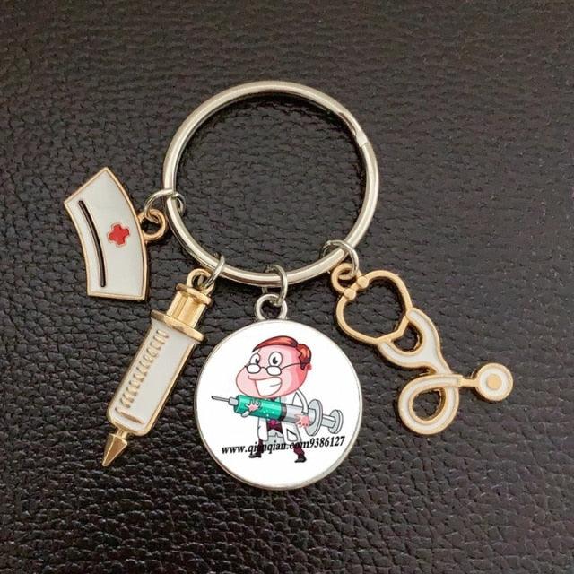 Creative Doctor Keychain Unique Personality Syringe Stethoscope Pendant Keychain Cartoon Colorful Handbag Pendant Keychain Doctor Injection Stethoscope Picture Keychain Round Dome Pendant Women Alloy Keychain
