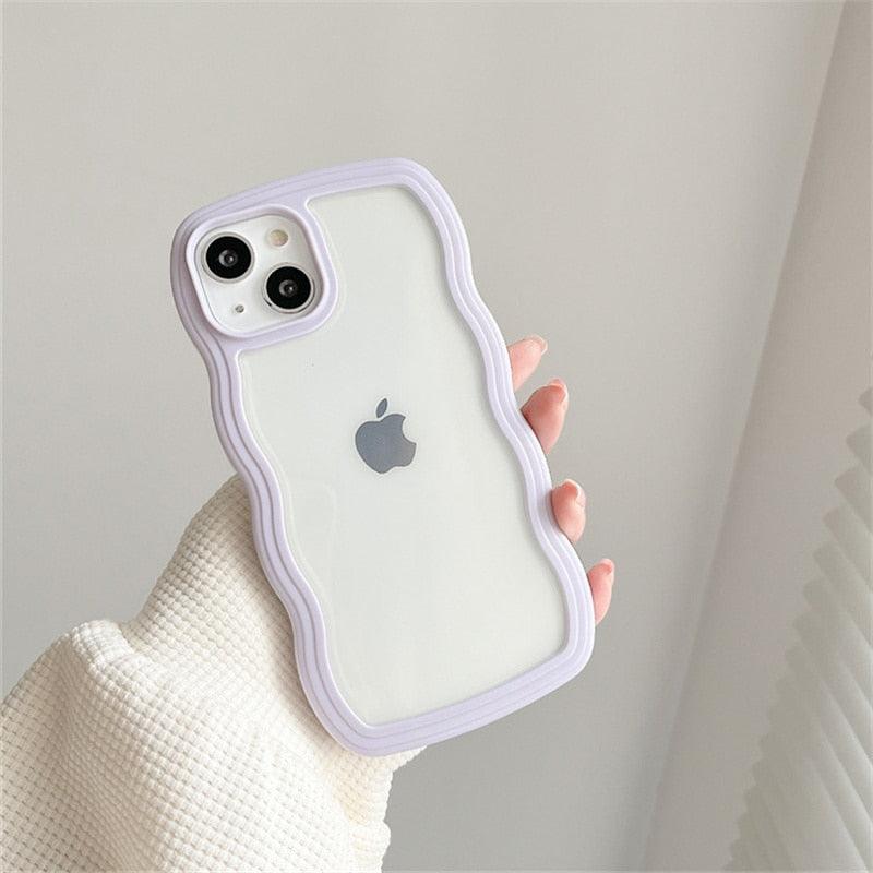 Cute Transparent Curly Wave Phone Case For iPhone 14Pro 13 12 11 Pro Max X XR XS Max Candy Color Shockproof Clear Hard  Cover Shockproof Popular Wavy Stylish Phone Case