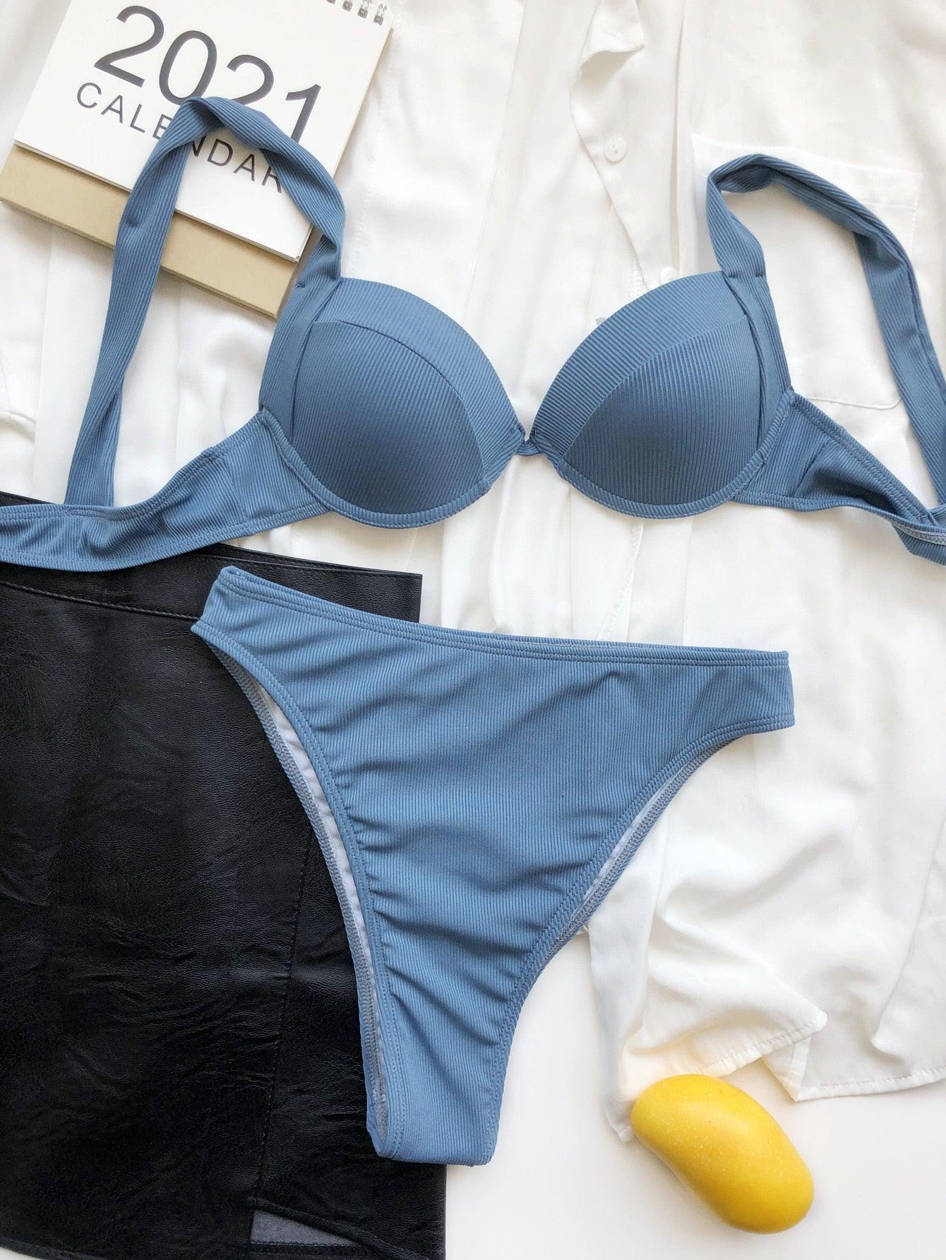 Cute Women Swimwear Pure Color Bikinis Swimsuit Women High Waist String Solid Color 2 Piece Bathing Suits Summer High Cut Push Up Bathing Suit High Waist Beach Wear Breathable Bikini