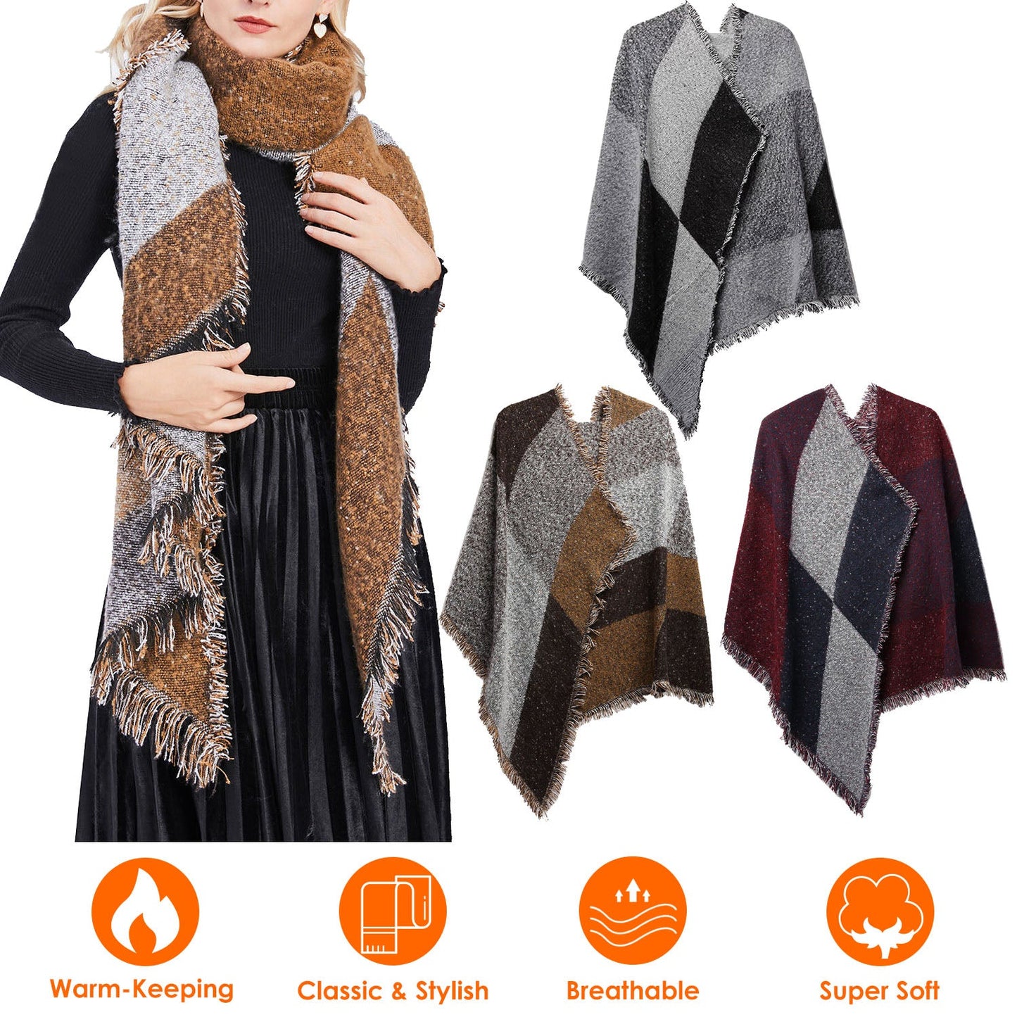 Women Plaid Winter Scarf & Cape