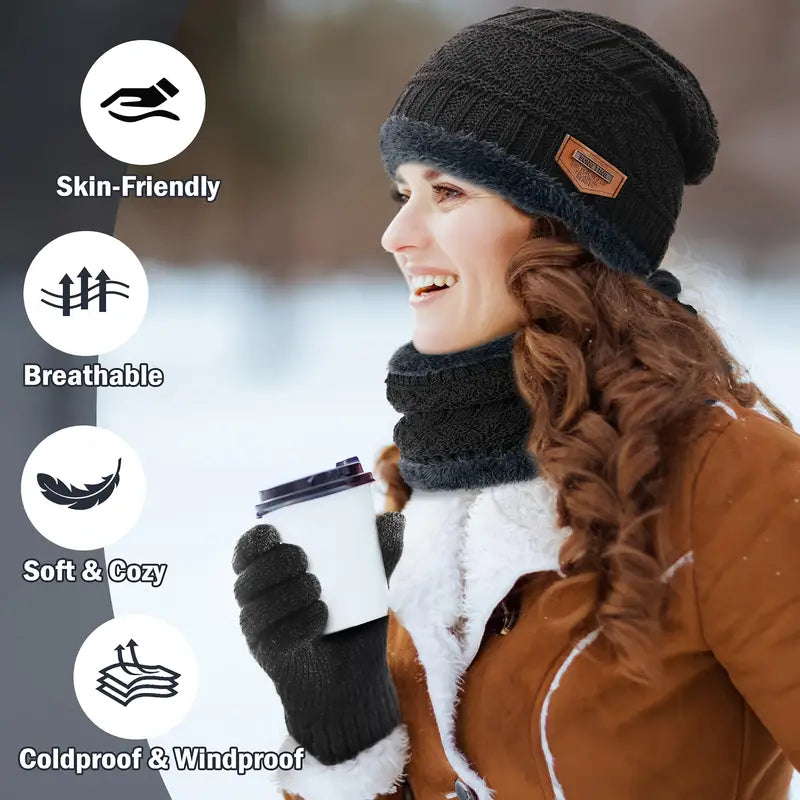 Unisex Winter Warm Knitted Beanie Scarf Gloves Set