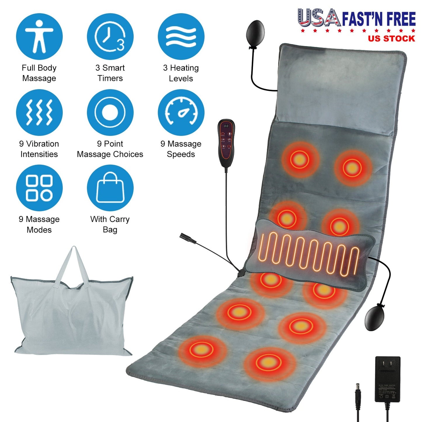 Full Body Electric Massage Mat with Heat Vibration Massage Pad Cushion Back Massage Mattress Chair Pad with Inflatable Head Pillow Lumbar Pillow with