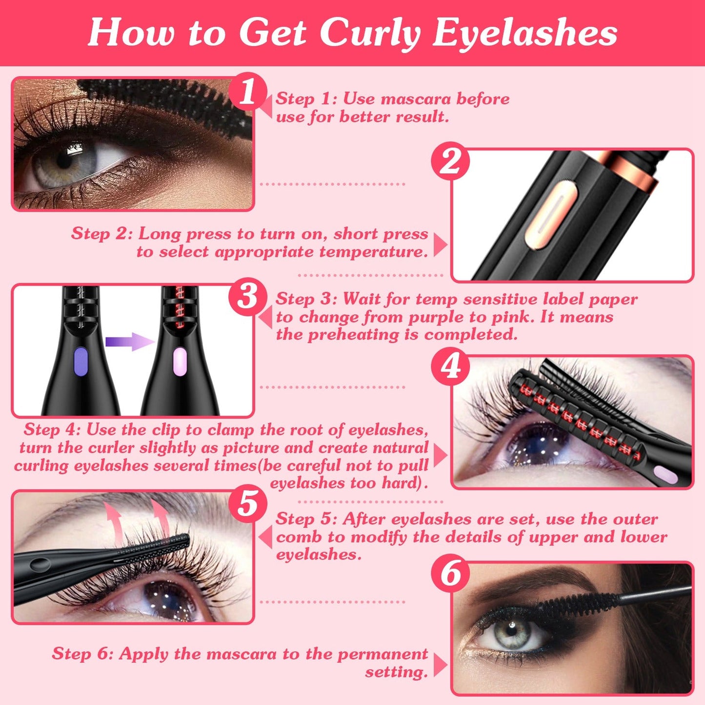 2 In 1 Clip Comb Heated Eyelash Curler Electric Mini Lash Curler Natural Eye Lash Makeup Tool with 3 Temp Settings 15Mins Shutdown