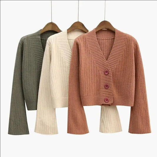 Elegance Cardigan Autumn Long Flare Sleeve Short Sweater Women Ribbed Knitted Cotton Tops Black White Ladies Soft Outwear Female