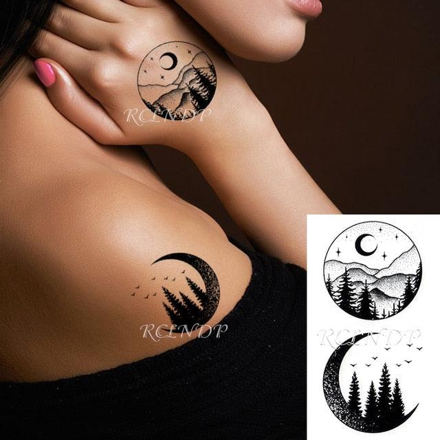 Elegant Black Waterproof Temporary Tattoo Stickers Moon Hill Modern Body Art Stickers Hand Foot High Quality For Womens