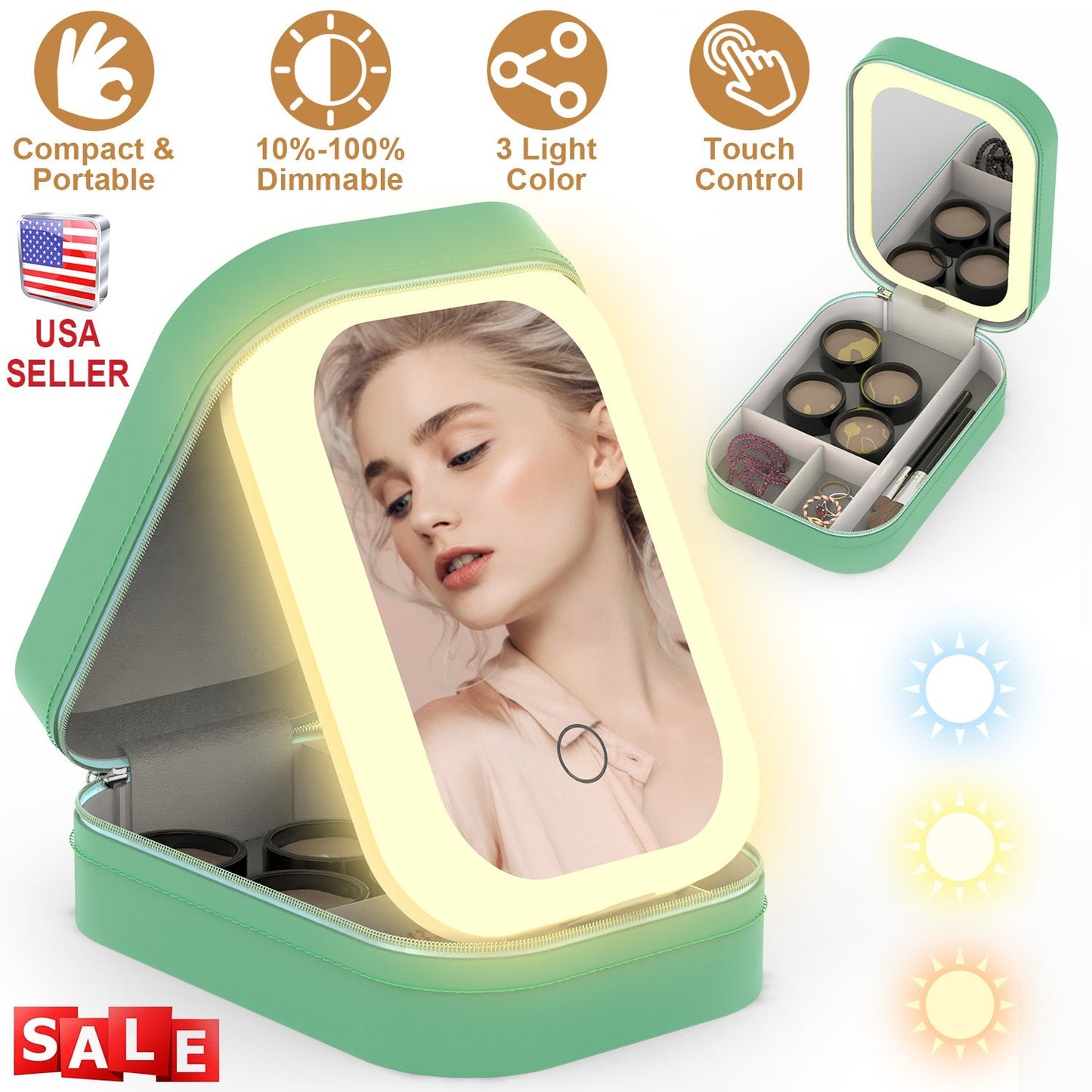 Portable Travel Makeup Bag With LED Mirror Rechargeable Beauty Mirror With 3 Color Light Dimmable Brightness Waterproof Cosmetic Bag With 4 Compartmen