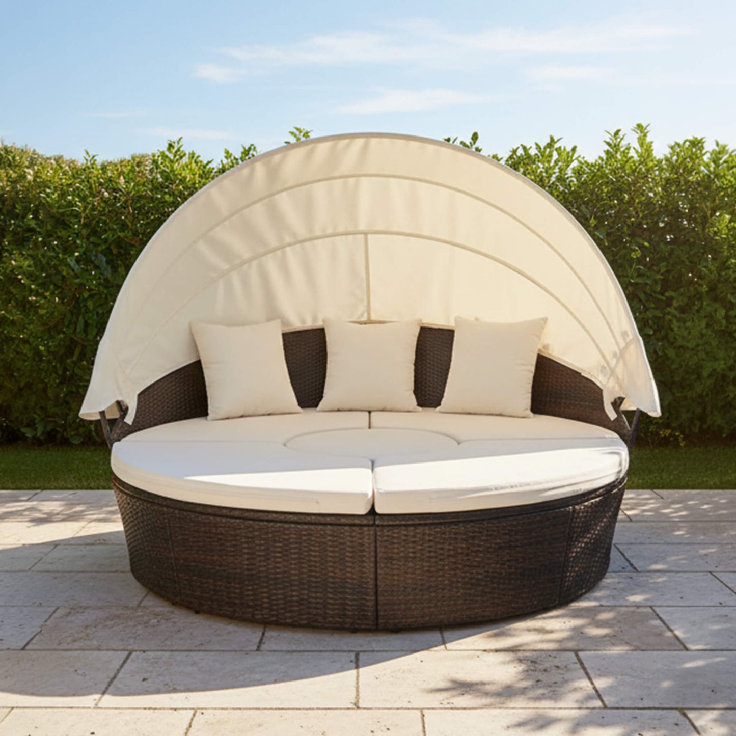 Alora Large 76-Inch Outdoor Patio Rattan Daybed Sofa W/ Adjustable Table Top, Canopy & 3 Pillows (SAK91254)