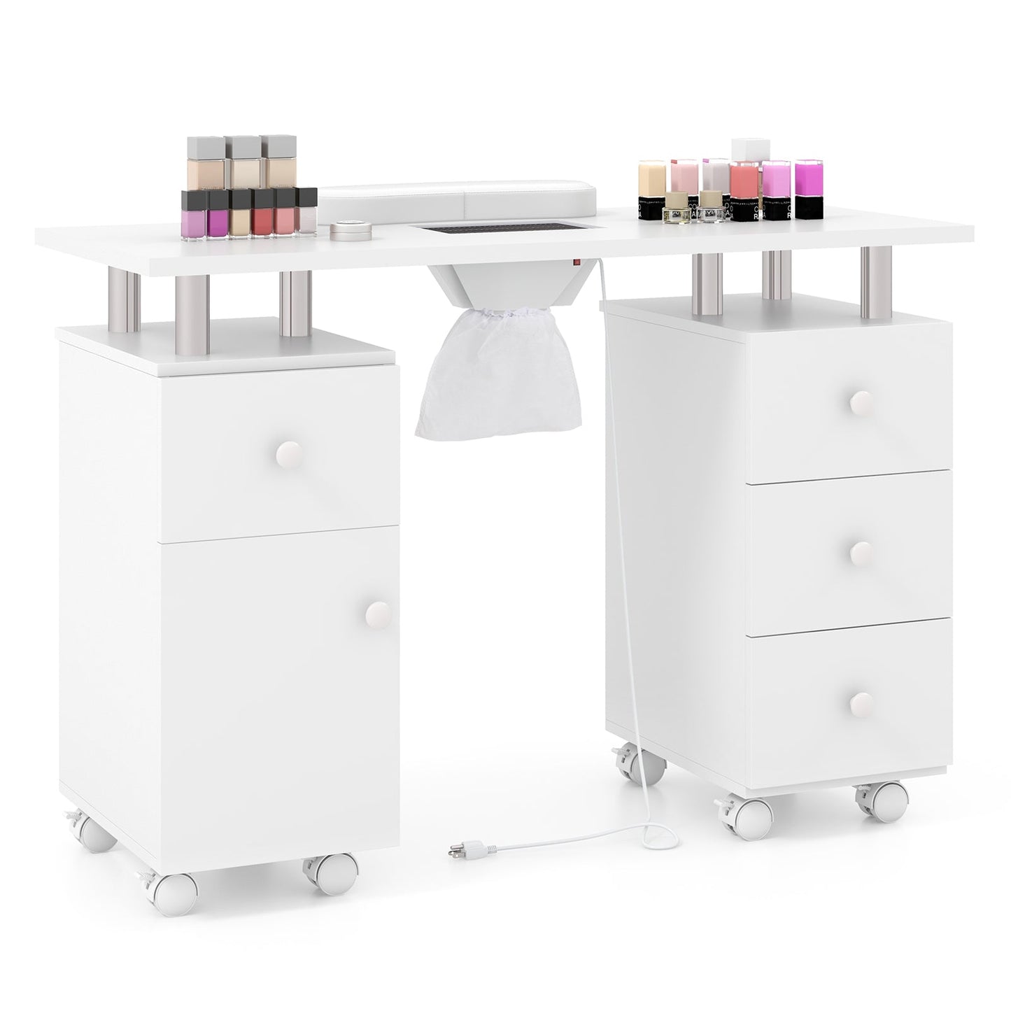 Manicure Table Nail Desk with Electric Dust Collector and 3 Dust Bags-White