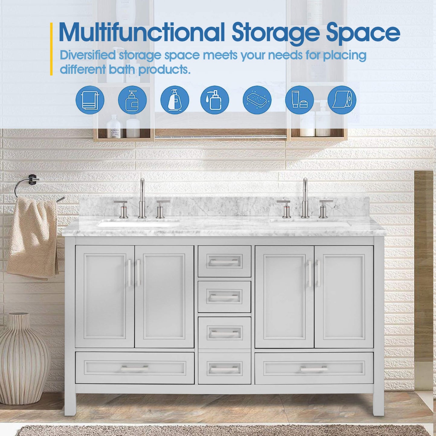 Nuvia Premium 60-Inch Freestanding Double Sink Bathroom Vanity With Carrara Marble Top (SAK51829)