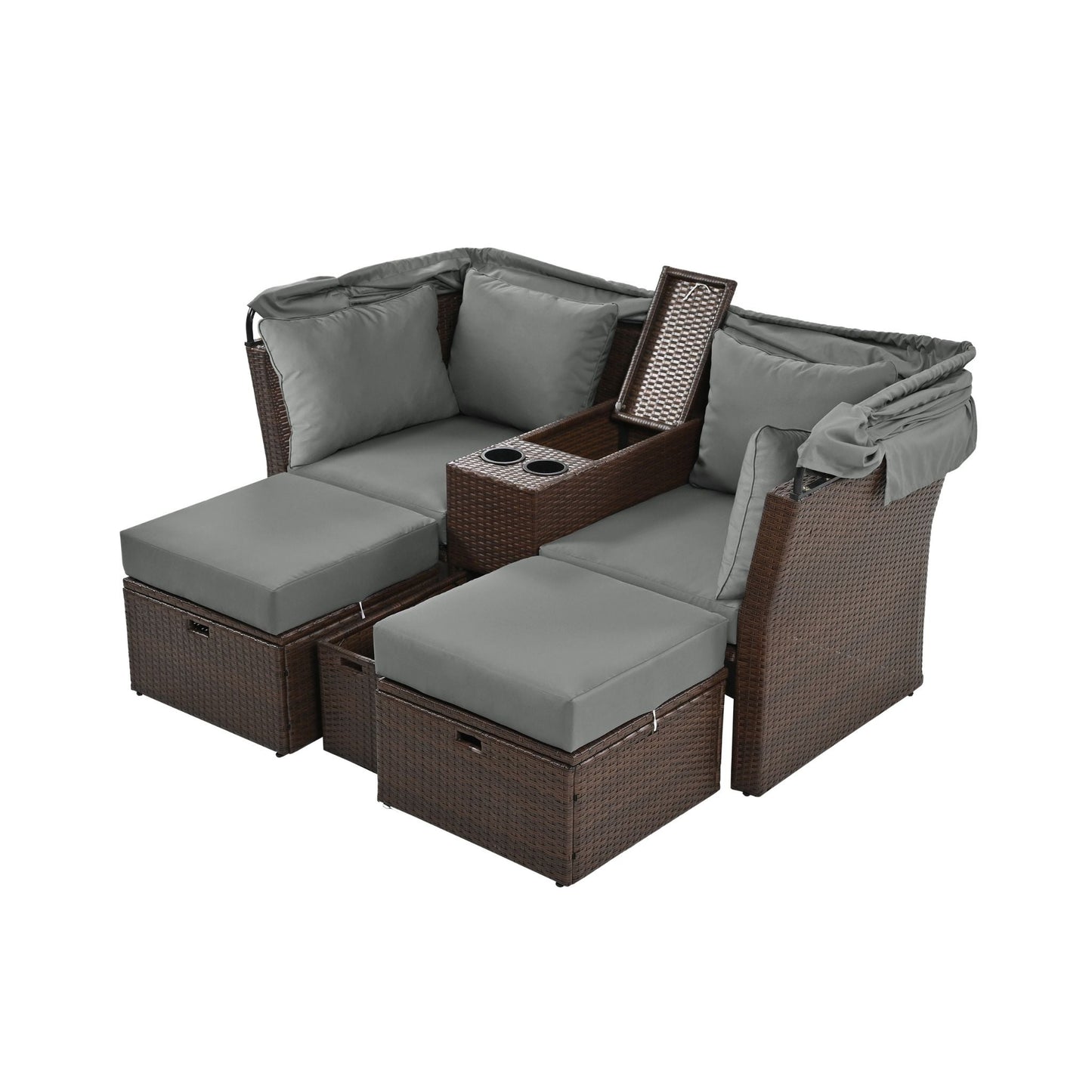 Alora Premium Outdoor 2-Seater Patio Daybed With Foldable Awning, Cushions, And Rattan Frame (SAK90233)