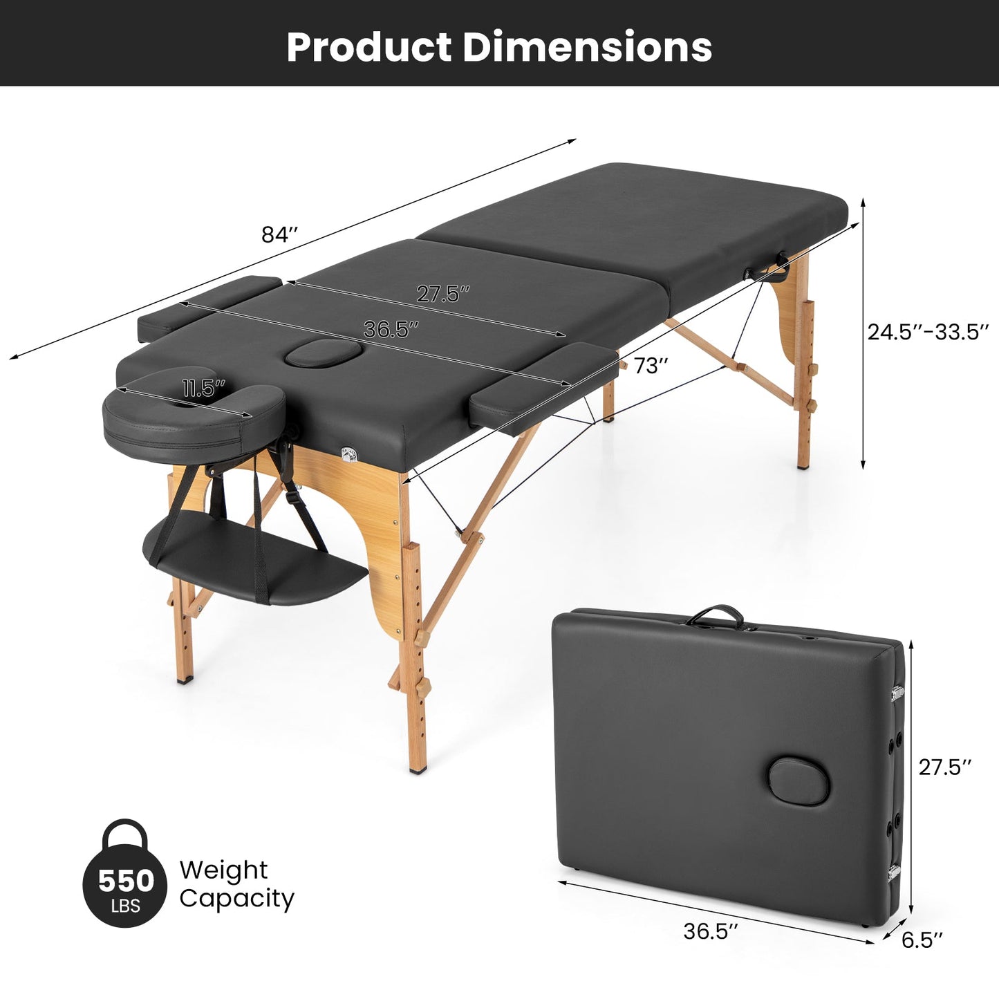 84 Inch Foldable Massage Table with Carrying Bag and Height Adjustable-Black