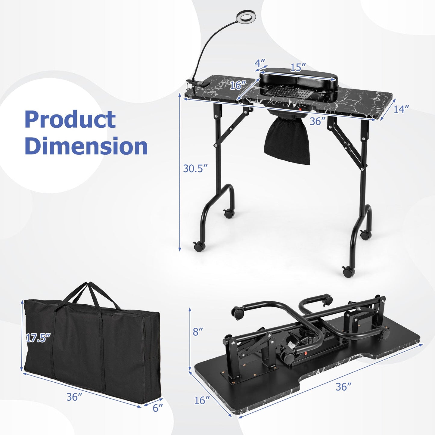 Folding Manicure Nail Table with Electric Dust Collector-Black