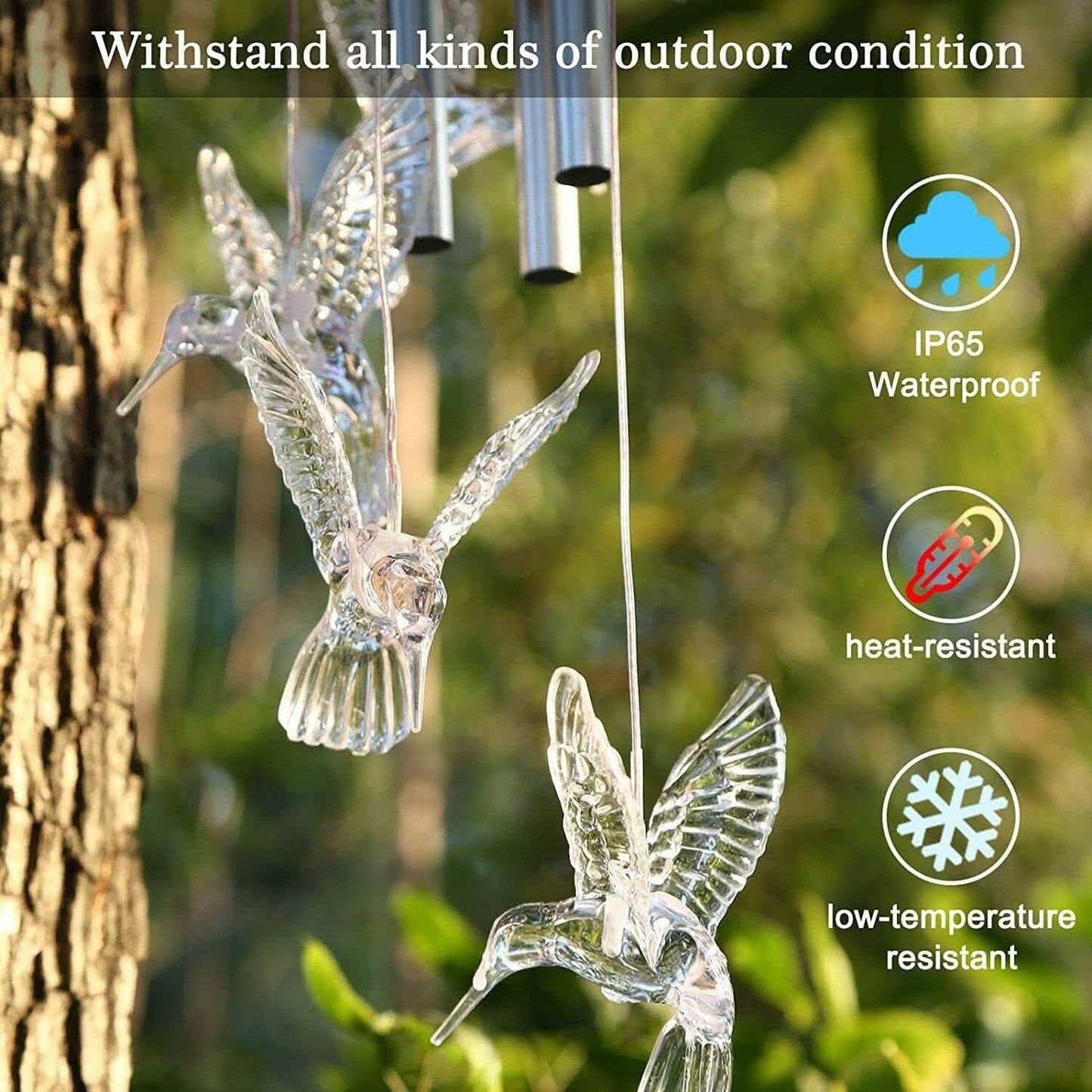 Solar Color Changing LED Hummingbird Wind Chimes Light Tubes Bells Lamp Outdoor