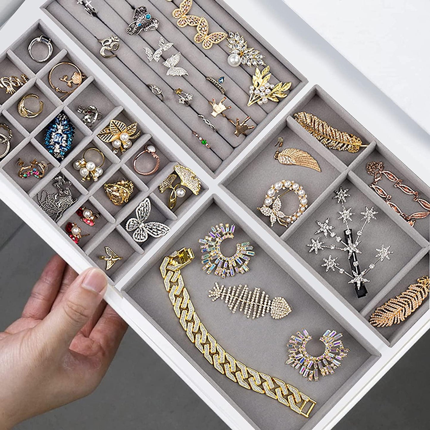 Velvet Jewelry Display Stackable Exquisite Jewelry Holder Portable Ring Earrings Necklace Organizer Box organizer Velvet Drawer Organizer Showcase Jewelry Storage for Bracelet Necklace Earring Ring
